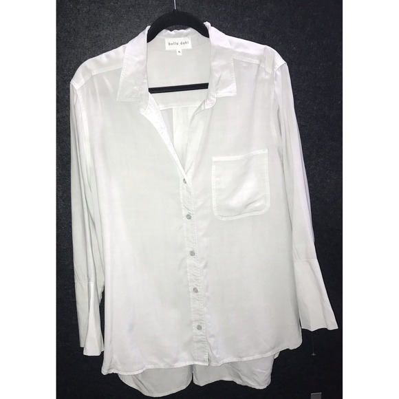 Bella Dahl Tops - BELLA DAHL Button Collar XL Shirt White Grey Tencel Lyocell Bell Sleeve Cuffs